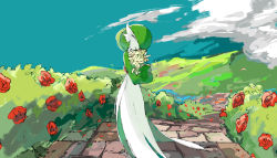 Rule 34 | 1girl, apios, bad id, bad pixiv id, blue sky, bob cut, bush, closed eyes, closed mouth, cloud, colored skin, creatures (company), crossed arms, day, female focus, flower, full body, game freak, gardevoir, gen 3 pokemon, green hair, green skin, hair over one eye, happy, holding, holding flower, multicolored skin, nintendo, hugging object, outdoors, petals, pokemon, pokemon (creature), red flower, red rose, rose, short hair, sky, smile, solo, stairs, standing, two-tone skin, white flower, white skin