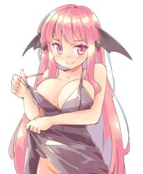 Rule 34 | 1girl, alternate costume, arnest, bare arms, bare shoulders, black dress, blush, breasts, clothes lift, collarbone, demon wings, dress, dress lift, groin, head wings, koakuma, large breasts, lifting own clothes, long hair, looking at viewer, no panties, pink eyes, pink hair, sidelocks, simple background, smile, solo, spaghetti strap, strap pull, touhou, upper body, very long hair, white background, wings