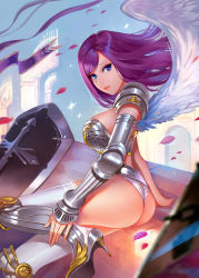 Rule 34 | 1girl, angel wings, arm support, armor, armored boots, artist request, ass, bikini armor, blue eyes, blurry, boots, breasts, day, depth of field, eyelashes, fanhua, female focus, from side, high heel boots, high heels, highres, knee boots, lace, lace-trimmed legwear, lace trim, large breasts, lips, long hair, looking at viewer, looking back, armored boots, on floor, original, panties, parted lips, pauldrons, petals, purple hair, shield, shoulder armor, sitting, sky, smile, solo, swept bangs, thighhighs, underwear, vambraces, white panties, white thighhighs, wings