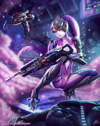 Rule 34 | 1girl, bodysuit, boots, breasts, cleavage, collarbone, gloves, gun, head-mounted display, highres, image sample, larry wilson, lipstick, long hair, makeup, overwatch, overwatch 1, ponytail, purple hair, rifle, skin tight, sniper rifle, solo focus, squatting, watermark, weapon, web address, widowmaker (overwatch), yellow eyes
