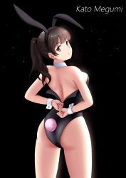 Rule 34 | 1girl, animal ears, ass, bad id, bad pixiv id, black background, brown eyes, brown hair, character name, cowboy shot, detached collar, fake animal ears, from behind, katou megumi, long hair, looking at viewer, looking back, myonlytony, playboy bunny, ponytail, rabbit ears, rabbit girl, rabbit tail, saenai heroine no sodatekata, solo, standing, star (symbol), starry background, tail, wrist cuffs, zipping