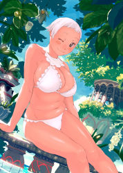 Rule 34 | 1girl, arm support, artist request, bikini, blush, blush stickers, breasts, character request, cleavage, copyright request, dutch angle, huge breasts, large breasts, one eye closed, outdoors, plant, plump, potted plant, short hair, sideboob, smile, soaking feet, solo, swimsuit, white bikini, white hair, wink