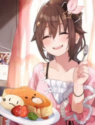 Rule 34 | 1girl, ankimo (tokino sora), black ribbon, blush, bra strap, brown hair, calendar (object), cardigan, closed eyes, collarbone, commentary, curtains, day, food, fork, frilled sleeves, frills, fruit, hair between eyes, hair ornament, hair ribbon, highres, holding, holding fork, holding plate, hololive, indoors, kase (kurimuzone oruta), looking at viewer, medium hair, official alternate costume, open mouth, pancake, pink cardigan, pink ribbon, plate, ponytail, ribbon, smile, solo, star (symbol), star hair ornament, strawberry, sunlight, symbol-only commentary, tokino sora, tokino sora (casual), upper body, virtual youtuber, window, wristband