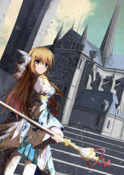 Rule 34 | 1girl, absurdres, arch bishop (ragnarok online), blonde hair, blue dress, blue sky, blush, building, church, closed mouth, cloud, commentary request, cowboy shot, cross, dress, eyes visible through hair, feathered wings, floral print, green eyes, hair between eyes, head wings, highres, holding, holding staff, long hair, looking at viewer, looking back, ragnarok online, scenery, sky, solo, staff, stairs, standing, thighhighs, tianyu jifeng, two-tone dress, white dress, white thighhighs, wide sleeves, wings