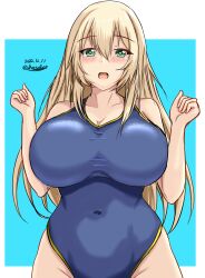 Rule 34 | atago (kancolle), blonde hair, blue background, blue one-piece swimsuit, border, breasts, competition swimsuit, covered navel, dated, green eyes, highleg, highleg swimsuit, highres, huge breasts, impossible clothes, impossible swimsuit, kantai collection, long hair, looking at viewer, montemasa, one-hour drawing challenge, one-piece swimsuit, open mouth, smile, swimsuit, twitter username, white border