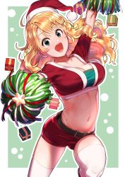 Rule 34 | 1girl, ahoge, blonde hair, breasts, cleavage, green eyes, hoshii miki, idolmaster, idolmaster (classic), large breasts, long hair, navel, open mouth, pettan p, pom pom (clothes), pom pom (cheerleading), santa costume, smile, solo