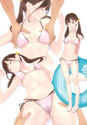 Rule 34 | 1girl, absurdres, ama mitsuki, arms behind back, bare arms, bare legs, bikini, breasts, brown hair, cameltoe, cleavage, closed eyes, closed mouth, collarbone, full body, gluteal fold, hair behind ear, hair ornament, hair scrunchie, halterneck, hands on another&#039;s chest, hands on another&#039;s thighs, highres, inflatable toy, innertube, long hair, medium breasts, multiple views, navel, o-ring, o-ring bottom, original, out of frame, sandals, satin bikini, scan, scrunchie, simple background, solo focus, standing, swim ring, swimsuit, twintails, white background