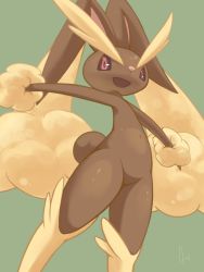 Rule 34 | 1girl, animal nose, arms up, artist name, black sclera, body fur, brown fur, colored sclera, creatures (company), female focus, flat chest, furry, furry female, game freak, gen 4 pokemon, green background, happy, highres, legs, looking at viewer, lopunny, navel, nintendo, open mouth, outstretched arms, pokemon, pokemon (creature), rabbit ears, rabbit girl, rabbit tail, red eyes, shake (nogard), shiny skin, signature, simple background, smile, solo, spread arms, standing, stomach, thighs, two-tone fur, yellow fur