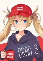Rule 34 | 1girl, blonde hair, blue eyes, bradamante (fate), braid, breasts, casual, contemporary, cup, fate/grand order, fate (series), french braid, hat, holding, holding cup, kibashiba, light smile, long hair, looking at viewer, mug, name connection, solo, twintails
