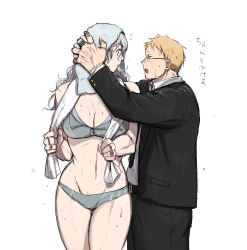 Rule 34 | 1boy, 1girl, after bathing, black jacket, black necktie, black pants, blonde hair, bra, breasts, cleavage, collared shirt, cowboy shot, dorohedoro, drying, drying hair, eye contact, formal, glasses, grey hair, hands up, highres, holding, holding towel, jacket, jewelry, ki (mxxxx), large breasts, long hair, long sleeves, looking at another, necktie, noi (dorohedoro), open mouth, panties, pants, partially unzipped, profile, ring, shin (dorohedoro), shirt, short hair, simple background, sketch, standing, stitched fingers, stitched hand, suit, towel, towel around neck, towel on head, translation request, underwear, underwear only, wavy hair, wet, wet hair, white background, white shirt