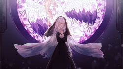 Rule 34 | 2girls, angel, angel wings, black dress, blonde hair, blurry, bokeh, closed eyes, commentary request, depth of field, dress, feet out of frame, flower, habit, highres, indoors, long hair, long sleeves, multiple girls, necojishi, nun, off-shoulder dress, off shoulder, original, own hands clasped, own hands together, parted lips, partial commentary, solo focus, stained glass, standing, string, string around finger, string of fate, white dress, white hair, wings