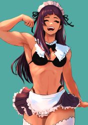 Rule 34 | 1girl, 6maker, absurdres, bikini, blue background, blunt bangs, bow, bowtie, breasts, closed eyes, cowboy shot, flexing, highres, long hair, maid, maid bikini, maid headdress, muscular, muscular female, navel, open mouth, original, simple background, skirt, small breasts, solo, swimsuit, teeth, thighhighs, unconventional maid