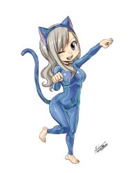 Rule 34 | 1girl, animal ears, arms up, barefoot, blonde hair, blue eyes, breasts, chibi, eden&#039;s zero, fake animal ears, fake tail, feet, full body, hairband, large breasts, long hair, looking at viewer, mashima hiro, official art, one eye closed, open mouth, rebecca bluegarden, simple background, standing, tail, white background