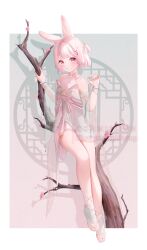 Rule 34 | 1girl, animal ear fluff, animal ears, artist name, bare legs, bare shoulders, blunt bangs, blush, bridal legwear, cherry blossoms, commentary, commission, dress, feet, full body, hair ornament, hands up, highres, holding, indie virtual youtuber, jewelry, leaning back, legs, legs together, looking at viewer, mixed-language commentary, mole, mole under eye, no shoes, one side up, pink background, pink dress, pink hair, pink sash, rabbit ears, rryiup, sash, shadow, short dress, short hair, sidelocks, simple background, sitting, sleeveless, sleeveless dress, socks, solo, sweatdrop, thighs, toe ring, toes, tree, twitter username, two-tone dress, virtual youtuber, watermark, white background, white dress, white socks