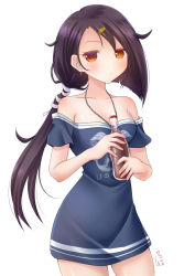 Rule 34 | 1girl, azur lane, bare shoulders, black hair, blush, bottle, bottomless, breasts, cassin (azur lane), cleavage, cola, commentary request, cowboy shot, dated, expressionless, holding, holding bottle, long hair, looking at viewer, low ponytail, mirun (funimani), mole, mole under eye, partial commentary, shirt, signature, simple background, small breasts, soda bottle, solo, standing, t-shirt, united states navy, white background, yellow eyes