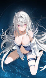 Rule 34 | 1girl, barefoot, blue panties, breasts, cleavage, collarbone, commentary request, from above, full body, grey hair, hair between eyes, hair intakes, highres, kamioka shun&#039;ya, large breasts, long sleeves, looking at viewer, looking up, off shoulder, open clothes, open shirt, original, panties, parted lips, purple eyes, shirt, sitting, sleeves past wrists, solo, underwear, wariza, white shirt