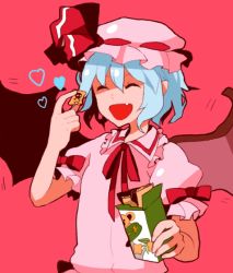 Rule 34 | 1girl, :d, ^ ^, bat wings, blue hair, bow, closed eyes, dada, dada (dolce), eating, closed eyes, fang, female focus, hat, hat bow, heart, mob cap, open mouth, pink background, pink theme, remilia scarlet, short hair, skull and crossbones, smile, solo, touhou, wings