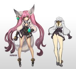 Rule 34 | 10s, 1girl, animal ear fluff, animal ears, artist request, ass, black panties, blade &amp; soul, boots, breasts, brown eyes, cleavage, earrings, gloves, gradient background, hand on own hip, jacket, jewelry, legs, long hair, lyn (blade &amp; soul), no pants, panties, pink hair, sketch, small breasts, smile, solo, tail, twintails, underwear, very long hair, wolf ears