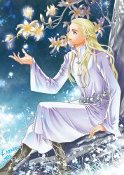 Rule 34 | 1boy, belt, blonde hair, blue eyes, boots, braid, from side, hand up, highres, kazuki-mendou, legolas, long hair, male focus, parted lips, pointy ears, robe, signature, solo, the lord of the rings, tolkien&#039;s legendarium, tolkien's legendarium, tree
