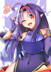 Rule 34 | 1girl, ;d, ahoge, armor, bananatsukis, bare shoulders, blush, breastplate, covered navel, detached sleeves, fingerless gloves, gloves, highres, leotard, long hair, looking at viewer, one eye closed, open mouth, pointy ears, purple armor, purple gloves, purple hair, red eyes, smile, solo, sword art online, twitter username, v, yuuki (sao)