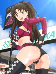 Rule 34 | 1girl, akinoya, aqua eyes, ass, banner, belt, black gloves, black hair, black ribbon, black shorts, black thighhighs, blue eyes, blush, breasts, cameltoe, cleft of venus, cloud, cropped jacket, fate/stay night, fate (series), fingerless gloves, from behind, from below, gloves, green eyes, hair ribbon, jacket, lifting own clothes, long hair, long sleeves, looking at viewer, looking back, medium breasts, micro shorts, midriff, no bra, open mouth, outdoors, parted bangs, purple belt, purple jacket, race queen, racetrack, ribbon, self exposure, short shorts, shorts, shorts lift, shrug (clothing), sky, solo, strapless, thighhighs, tohsaka rin, tube top, twintails