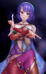 Rule 34 | 1girl, blue eyes, blue hair, breasts, cape, cloak, cowboy shot, hairband, highres, large breasts, looking at viewer, midriff, multicolored clothes, multicolored hairband, navel, night, night sky, patchwork clothes, pointing, rainbow gradient, short hair, shounen (hogehoge), sky, sky print, stomach, tenkyuu chimata, touhou, unzipped, yellow bag, zipper