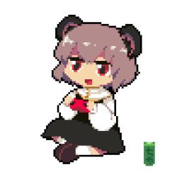 Rule 34 | 1girl, animal ears, animated, animated gif, black dress, brown footwear, can, commentary request, controller, cookie (touhou), dress, full body, game controller, grey hair, holding, holding controller, holding game controller, looping animation, lowres, medium bangs, mouse ears, mouse girl, nazrin, nyon (cookie), open mouth, parupunte (nicoseiga51964270), pixel art, red eyes, shirt, shoes, short hair, simple background, sitting, sleeveless, sleeveless dress, smile, socks, solo, touhou, white background, white shirt, white socks