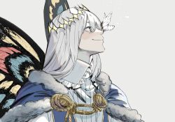 Rule 34 | 1boy, absurdres, bug, butterfly, butterfly on nose, butterfly wings, cape, fate/grand order, fate (series), fur-trimmed cape, fur trim, highres, insect, insect wings, male focus, moai on, oberon (fate), silver hair, smile, wings