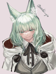Rule 34 | 1girl, absurdres, animal ear fluff, animal ears, arknights, black ribbon, breasts, cape, cat ears, cat girl, green eyes, green hair, grey background, grey sweater vest, harmonie (arknights), highres, hood, hood down, hooded cape, looking at viewer, medium breasts, neck ribbon, ribbon, shirt, simple background, sketch, smile, solo, sweater vest, twitter username, upper body, wachi (wachi yo), white cape, white shirt