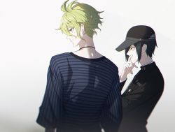 Rule 34 | 2boys, amami rantaro, antenna hair, black hair, black headwear, black jacket, brown eyes, buttons, commentary request, danganronpa (series), danganronpa v3: killing harmony, double-breasted, from behind, from side, green eyes, green hair, grey background, hair between eyes, hat, hat ornament, illlight, jacket, long sleeves, male focus, multiple boys, pale skin, saihara shuichi, shirt, short hair, simple background, smile, star (symbol), star hat ornament, striped clothes, striped jacket, striped shirt, upper body