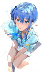 Rule 34 | 1girl, :p, absurdres, alternate costume, blue eyes, blue hair, blue nails, blue ribbon, blue shirt, blush, collared shirt, cup, double-parted bangs, drinking straw, flower, food, fruit, hair between eyes, hair ribbon, heart, highres, holding, holding cup, hololive, hoshimachi suisei, leaf, lemon, liquid, looking at viewer, medium hair, nail polish, patterned clothing, pleated skirt, ribbon, shadow, shirt, side ponytail, sidelocks, simple background, sketch, skirt, solo, star (symbol), star in eye, symbol in eye, tongue, tongue out, triangle, virgo76612871, virtual youtuber, white background, white flower, white skirt