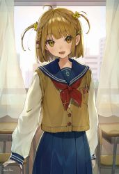 Rule 34 | 1girl, :d, absurdres, ahoge, artist name, blue skirt, blush, braid, breast pocket, brown eyes, cardigan vest, commentary request, curtains, desk, hair ornament, highres, idenshi hina, indoors, light brown hair, long sleeves, looking at viewer, medium hair, neckerchief, open mouth, original, pleated skirt, pocket, sailor collar, school desk, school uniform, skirt, smile, solo, two side up, window, winter uniform, x hair ornament