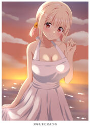 Rule 34 | 1girl, blonde hair, blush, border, breasts, cleavage, closed mouth, cloud, collarbone, commentary request, cowboy shot, dars (recolors), dress, flower, hair flower, hair ornament, highres, large breasts, looking at viewer, lycoris recoil, nishikigi chisato, ocean, outdoors, postcard (medium), red eyes, short hair, short twintails, sleeveless, sleeveless dress, smile, solo, standing, sunset, translation request, twintails, water, white border, white dress