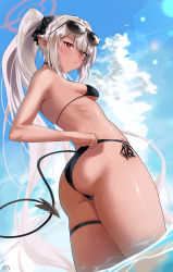 Rule 34 | 1girl, ass, bare arms, bare shoulders, bikini, black bikini, blue archive, blue sky, breasts, closed mouth, cloud, dark-skinned female, dark skin, demon tail, dutch angle, eyewear on head, highres, iori (blue archive), iori (swimsuit) (blue archive), lens flare, long hair, looking at viewer, outdoors, pointy ears, ponytail, red eyes, ryudraw, sidelocks, sky, small breasts, solo, string bikini, sunglasses, swimsuit, tail, thigh strap, very long hair, wading, water, wet, white hair