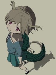 1girl absurdres ankle_socks antlers aqua_skirt blonde_hair blue_shirt bow brown_background collarbone commentary dragon_tail expressionless from_above full_body fur-tipped_tail green_scales highres horns kicchou_yachie looking_at_viewer looking_up mary_janes open_mouth parted_lips purple_bow red_eyes shadow shirt shoes short_hair simple_background skirt socks solo square_neckline tail touhou uzou_ck0l65ckol47909 white_socks