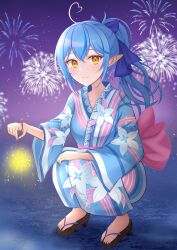 Rule 34 | 1girl, arlonn, blue hair, fireworks, highres, hololive, japanese clothes, kimono, long sleeves, looking at viewer, ponytail, smile, solo, virtual youtuber, wide sleeves, yukata, yukihana lamy