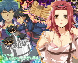 Rule 34 | 1girl, 2boys, :d, :o, bare shoulders, black hair, blonde hair, blue eyes, blue hair, blush, breasts, brown eyes, bruno, bruno (yu-gi-oh!), chibi, cleavage, closed mouth, collarbone, closed eyes, fudou hakase, fudo yusei, gear, gears, hair between eyes, hairband, halo, hands up, izayoi aki, large breasts, long sleeves, looking at another, looking at viewer, looking to the side, multicolored hair, multiple boys, neck, off shoulder, open mouth, red hair, short hair, smile, spiked hair, star (symbol), translation request, two-tone hair, yu-gi-oh!, yu-gi-oh! 5d&#039;s