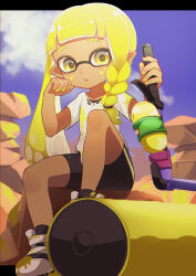 Rule 34 | 1girl, :o, bike shorts, black shorts, blonde hair, blue sky, blunt bangs, blurry, blurry background, braid, cloud, commentary request, dark-skinned female, dark skin, day, eyebrow cut, hair tie, hands up, highres, holding, inkling, inkling girl, inkling player character, knee up, long hair, looking at viewer, nintendo, open mouth, outdoors, paint on clothes, paint splatter, paint splatter on face, parted lips, pointy ears, rock, sato (r017xts117), shirt, shoes, short sleeves, shorts, side braid, sidelocks, single braid, sitting, sky, solo, splat roller (splatoon), splatoon (series), splatoon 3, suction cups, t-shirt, tentacle hair, white footwear, white shirt, yellow eyes