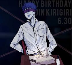 Rule 34 | 1boy, :d, belt, blindfold, breast pocket, cake, candle, character name, collarbone, commentary, danganronpa: trigger happy havoc, danganronpa (series), dated, english commentary, food, gradient background, grey shirt, happy birthday, kirigiri jin, knife, long sleeves, male focus, open mouth, pants, pocket, restrained, rocket, shirt, shirt partially tucked in, short hair, smile, solo, spoilers, sweat, teeth, upper teeth only, yandr4hope