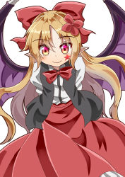 Rule 34 | 1girl, arms behind back, bat wings, black vest, blonde hair, bow, bowtie, commentary request, cowboy shot, elis (touhou), facial mark, flower, hair between eyes, hair bow, hair flower, hair ornament, highres, leaning forward, long hair, long skirt, long sleeves, looking at viewer, open clothes, open vest, parted bangs, pink eyes, pointy ears, red bow, red bowtie, red skirt, shirt, simple background, skirt, smile, solo, standing, star (symbol), sugiyama ichirou, touhou, touhou (pc-98), very long hair, vest, white background, white shirt, wings