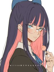 Rule 34 | 1girl, artist name, black nails, blue eyes, blue hair, blunt bangs, blush, candy, criis-chan, fingernails, food, glasses, holding, holding candy, holding food, holding lollipop, light smile, lollipop, long hair, looking at viewer, multicolored hair, nail polish, panty &amp; stocking with garterbelt, pink hair, round eyewear, simple background, solo, stocking (psg), twitter username, two-tone hair, upper body, white background