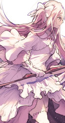 Rule 34 | 1girl, bow (weapon), breasts, cleavage, closed mouth, commentary, cowboy shot, dress, english commentary, eyelashes, eyes visible through hair, frilled dress, frilled sleeves, frills, from side, gloves, hair between eyes, hair ribbon, half-closed eyes, highres, holding, holding bow (weapon), holding weapon, invalee, kaname madoka, long dress, long hair, mahou shoujo madoka magica, mahou shoujo madoka magica (anime), pink hair, pink thighhighs, profile, ribbon, sad, shadow, simple background, small breasts, solo, standing, straight hair, thighhighs, two side up, ultimate madoka, very long hair, weapon, white background, white dress, white gloves, white ribbon, wide sleeves, yellow eyes, zettai ryouiki