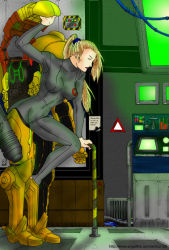 Rule 34 | 1girl, alternate color, arm support, arm up, armor, armpits, black bodysuit, blonde hair, bodysuit, breasts, cable, emblem, from side, full body, high ponytail, indoors, large breasts, leaning forward, leg up, lipstick, long hair, makeup, metroid, monitor, nintendo, ponytail, power armor, samus aran, scrunchie, solo, spandex, undressing, varia suit, zero suit