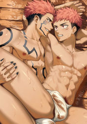 Rule 34 | 2boys, abs, arm tattoo, chest tattoo, clenched teeth, erection, extra eyes, facial mark, facial tattoo, fundoshi, highres, imminent anal, imminent penetration, itadori yuuji, japanese clothes, jujutsu kaisen, looking at another, male focus, mosi l, multiple boys, muscular, muscular male, navel, nipples, pectorals, penis, pink hair, ryoumen sukuna (jujutsu kaisen), see-through, short hair, tattoo, teeth, twitter username, undercut, yaoi