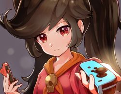 Rule 34 | 1girl, artist request, ashley (warioware), black hair, closed mouth, controller, dress, expressionless, eyebrows, female focus, game controller, grey background, highres, holding, holding controller, joy-con, long hair, looking at viewer, neckwear request, nintendo, nintendo switch, orange neckwear, outstretched arm, red dress, red eyes, sidelocks, skull, solo, swept bangs, twintails, upper body, warioware