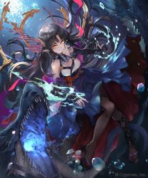 Rule 34 | 1girl, air bubble, black hair, breasts, bubble, character request, closed mouth, company name, copyright notice, dragon, dress, long hair, medium breasts, official art, orange eyes, pantyhose, pointy ears, ponzu (catponz), shadowverse, shoes, smile, solo, underwater