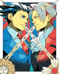 Rule 34 | 2boys, ace attorney, ascot, black eyes, black hair, black vest, blue background, blue jacket, chain, closed mouth, collared shirt, grey hair, highres, jacket, male focus, miles edgeworth, multiple boys, necktie, phoenix wright, red background, red eyes, red jacket, red necktie, shino (shino dgs), shirt, short hair, two-tone background, upper body, v-shaped eyebrows, vest, white ascot, white shirt