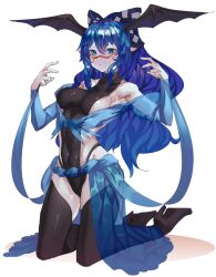 Rule 34 | 1girl, black leotard, black thighhighs, blue bow, blue eyes, blue hair, blush, bow, breasts, commentary, cosplay, covered navel, debt, english commentary, fortune lady water, fortune lady water (cosplay), full body, groin, hair bow, head wings, high heels, highres, kneeling, leotard, long hair, looking at viewer, medium breasts, pointy ears, see-through, sideboob, simple background, solo, tattoo, thighhighs, tomatolover16, touhou, white background, wings, yorigami shion, yu-gi-oh!