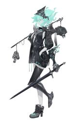 Rule 34 | 1girl, aqua hair, aqua skin, asymmetrical legwear, black footwear, black headwear, black jacket, black sclera, black thighhighs, breasts, closed mouth, colored sclera, colored skin, disembodied head, dullahan, extra arms, fiery hair, floating head, full body, green eyes, grey skin, hand in pocket, hand up, high heels, highres, holding, holding sword, holding weapon, jacket, long sleeves, looking at viewer, medium hair, mismatched legwear, monster girl, multicolored skin, open clothes, original, over shoulder, puffy sleeves, simple background, single thighhigh, slit pupils, small breasts, solo, standing, standing on one leg, sword, thighhighs, toriseka, weapon, white background