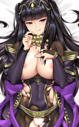 Rule 34 | 1girl, :q, bed sheet, black eyes, black hair, blunt bangs, bodystocking, breasts, bridal gauntlets, censored, close-up, covered navel, dakimakura (medium), dress, fire emblem, fire emblem awakening, hand on own chest, heart, heart censor, jewelry, large breasts, licking lips, long hair, looking at viewer, nintendo, nipples, smile, solo, tharja (bridal) (fire emblem), tharja (fire emblem), tiara, tongue, tongue out, tony guisado, torn clothes, two side up, upper body, wedding dress